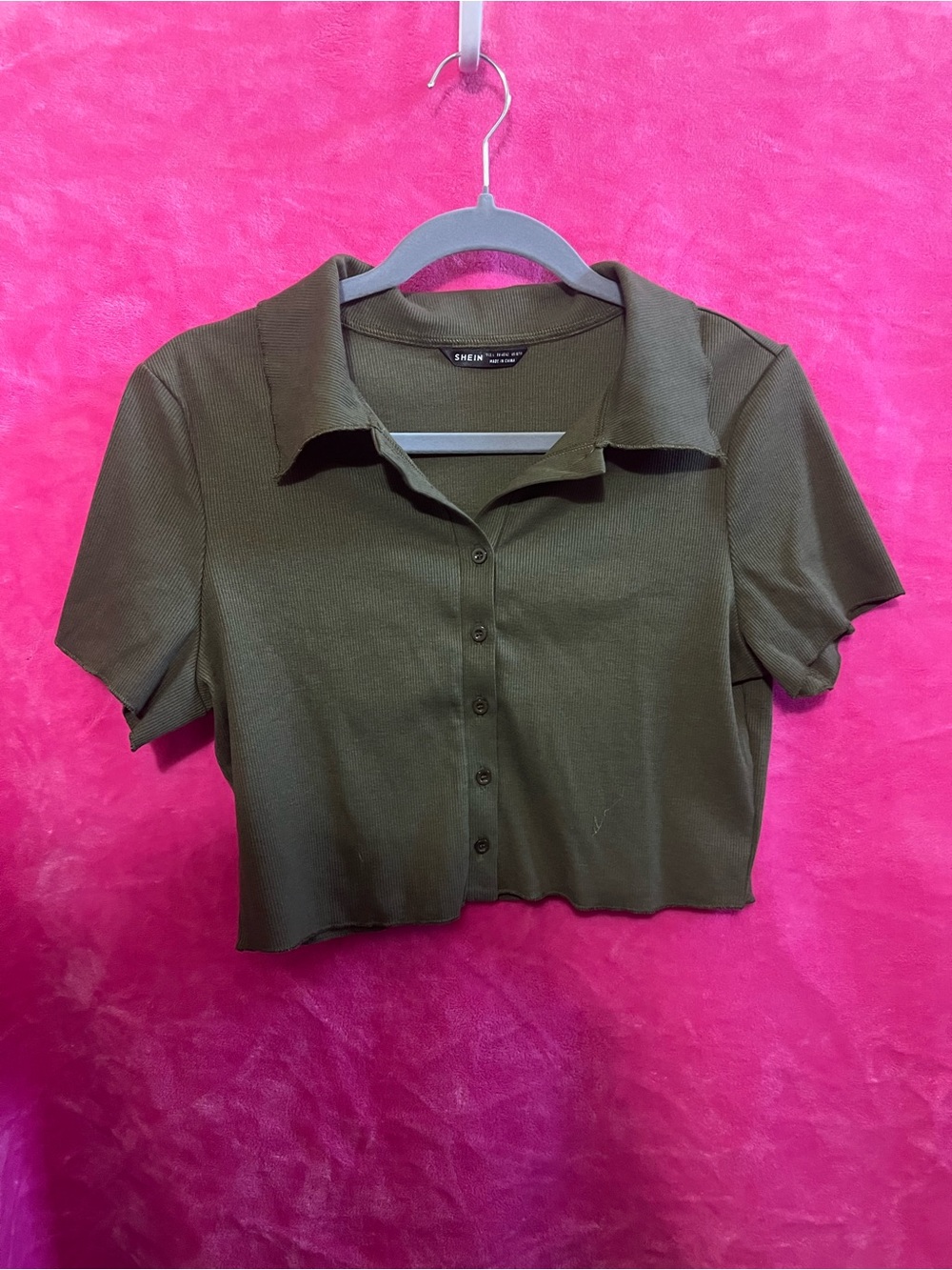 SHEIN Olive Cropped Button-Front Polo Shirt
